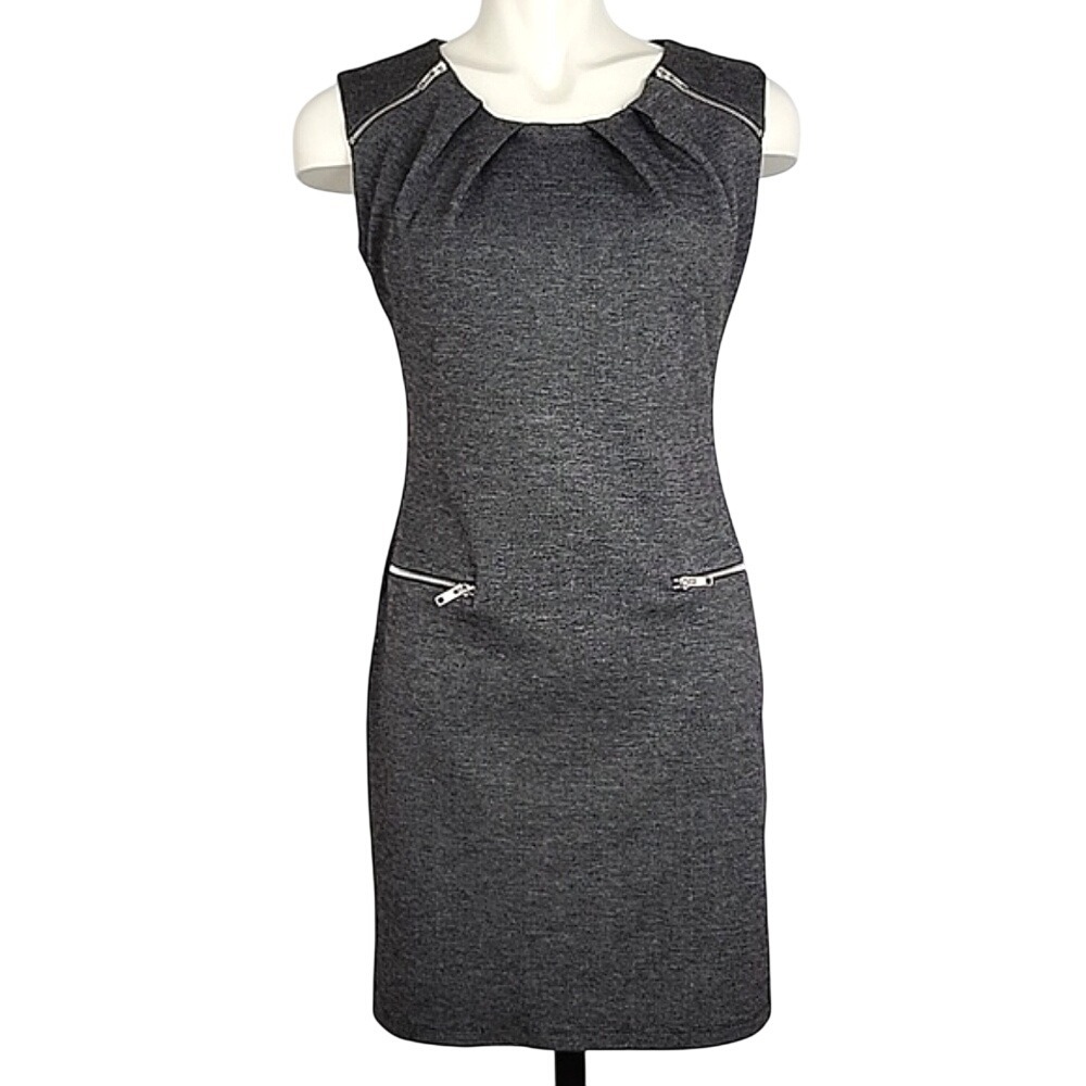 ENFOCUS Studio Dress Heathered Grey Round Pleated Neckline Zippers  Stretch 6